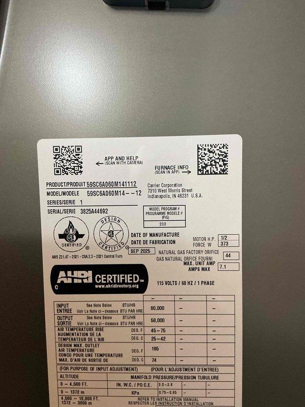 Responded to warranty call for Carrier 59SC5A060M14-12 furnace (Serial: 3825A44692) experiencing short cycling when switching from cooling to heating mode. Upon inspection, diagnosed and resolved heating cycle issue. Unit now operating properly with normal temperature rise within specified range of 45-76°F. Verified all system components functioning correctly and heating cycle completing as designed.