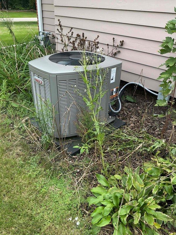 Completed air conditioning tune-up and system evaluation on outdoor condensing unit. Performed electrical diagnostics using digital multimeter to verify proper voltage and amperage readings. Cleared excessive vegetation growth that had accumulated around and through the unit's fan grille and louvered panels, which was restricting airflow and potentially impacting system efficiency. Discussed duct cleaning services with customer as requested.
