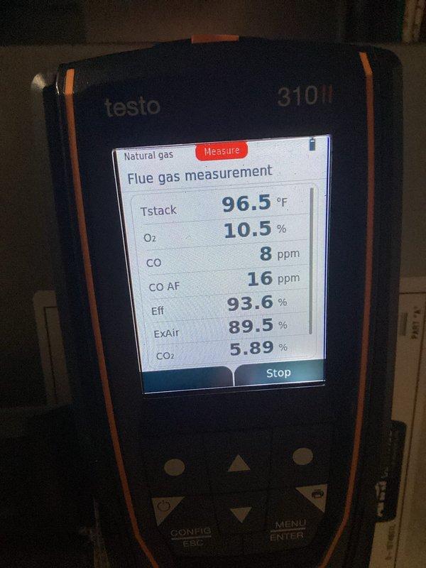 Completed annual tune-up and maintenance on residential air conditioning and heating system. Performed comprehensive flue gas analysis on natural gas furnace using calibrated combustion analyzer, confirming optimal performance with efficiency reading of 93.6%, oxygen level at 10.5%, carbon monoxide at 8 ppm, and stack temperature of 96.5°F—all values within manufacturer specifications. Inspected outdoor heat pump unit, verifying proper electrical connections and wiring integrity across all control circuits. All system components operating within normal parameters with no deficiencies noted.