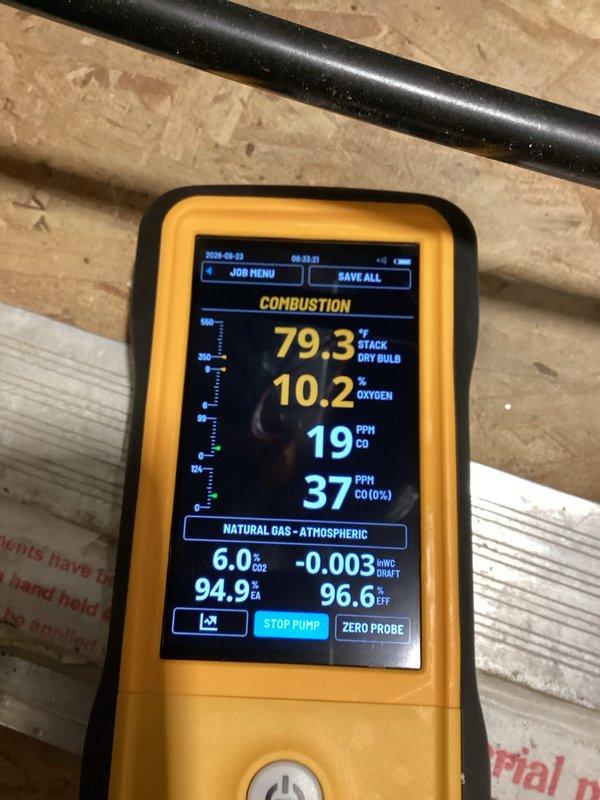# HVAC Furnace Tune-Up and Combustion Analysis

Performed comprehensive tune-up and safety inspection on residential natural gas furnace system. Conducted full combustion analysis using calibrated analyzer, confirming optimal performance with 94.9% efficiency and safe carbon monoxide levels at 19 PPM. Inspected burner assembly during active operation, verified proper ignition sequence and flame characteristics with hot surface igniter glowing appropriately. 

Examined gas valve operation, electrical connections, and control wiring throughout cabinet sections. Verified condensate drainage system and PVC venting connections for proper installation and function. Inspected blower compartment, ductwork connections, and refrigerant line routing. All components operating within manufacturer specifications with no immediate safety concerns identified.