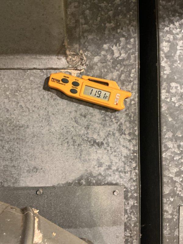 Completed heating tune-up maintenance on 15-year-old furnace unit. Performed standard inspection procedures, documented system temperatures with infrared thermometer reading 119°F at supply duct, and verified proper operation of all components. Unit operating within normal parameters with no immediate repairs required.