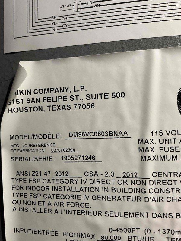 Completed annual tune-up and maintenance on Amana furnace model DM96VC0803BNAA, 80,000 BTU/HR unit. Inspected condensate drain system, verified proper operation of all components, and confirmed equipment is functioning within manufacturer specifications.