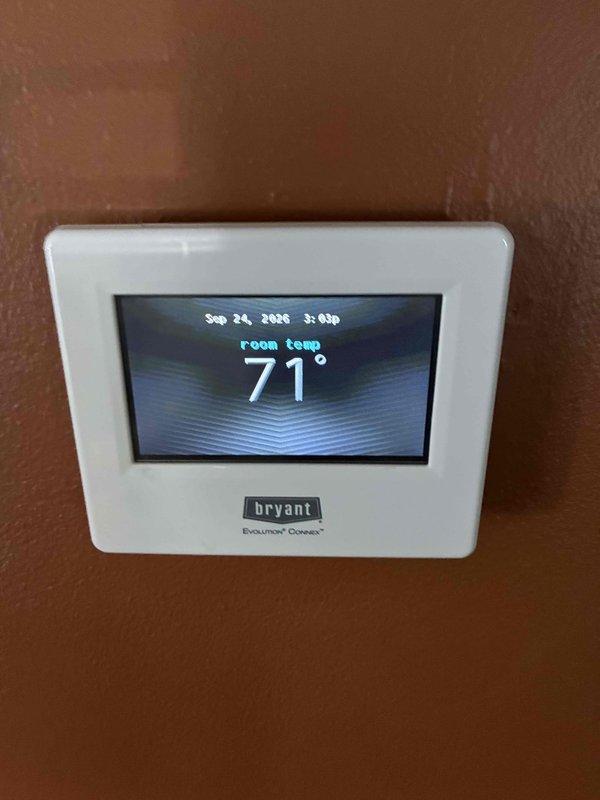 Completed furnace replacement in basement, removing 18-year-old natural gas unit and installing new system. Updated thermostat to Bryant Evolution Connex model with digital display and programming capabilities.