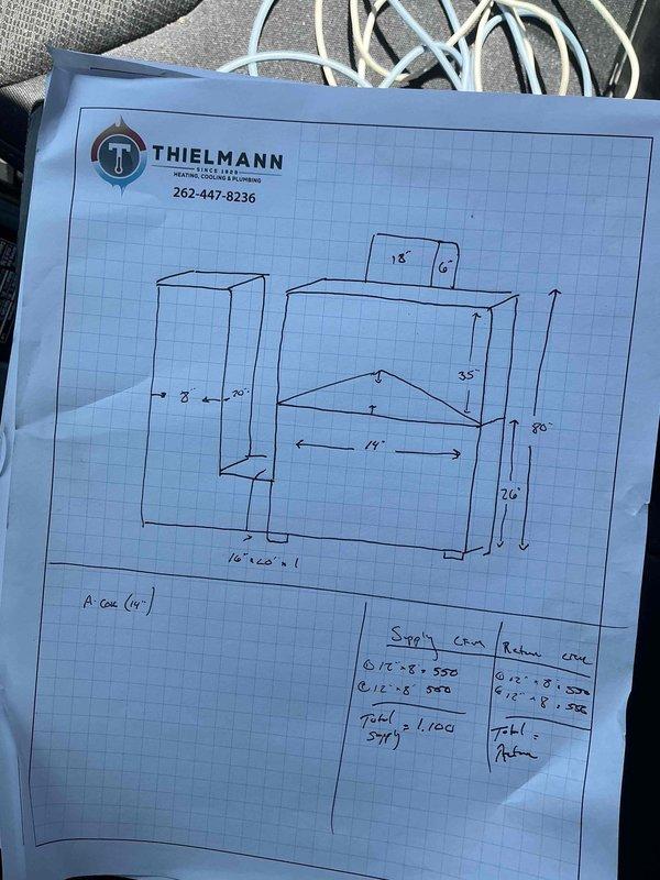 Conducted comprehensive estimate for complete air conditioning system replacement at owner-occupied residence. Current outdoor AC unit is six years old with no reported operational issues or symptoms at time of assessment. Evaluated existing system configuration, reviewed equipment specifications including clearance requirements for outdoor condenser unit placement, access panel locations, air discharge clearances, and service fitting connections. Documented ductwork layout and measurements throughout property, noting supply and return configurations serving approximately 1,100 square feet of conditioned space. Measured existing A-coil dimensions and duct runs to ensure proper sizing for replacement equipment. Reviewed low voltage wiring locations, refrigerant line connections including liquid and vapor suction lines, and manifold positions for new installation planning. Photographed technical specifications and created detailed field sketches of current system layout with precise meas