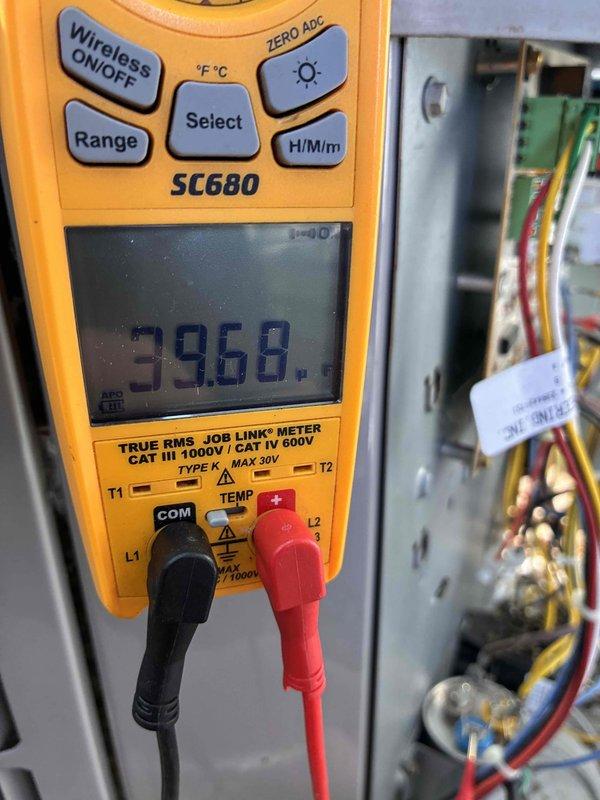 Performed scheduled tune-up maintenance on air conditioning system and furnace unit. Conducted electrical diagnostics using multimeter to verify proper voltage and amperage readings at control panel, confirming all electrical connections were secure and within manufacturer specifications. Measured supply air temperature at 104.7°F to verify system heating capabilities and proper operation of heat exchanger components.