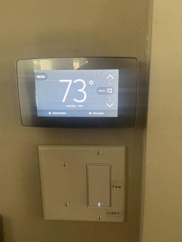Completed comprehensive tune-up service on two furnace systems, performing standard maintenance procedures including filter inspection, burner assembly cleaning, and safety control verification. Supply air temperature measurements confirmed proper heat exchanger operation at 70°F, and thermostat calibration verified accurate temperature control with system maintaining 73°F ambient temperature in heat mode with humidity levels at 60%.