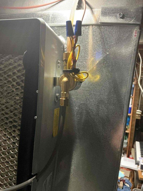 Replaced defective solenoid valve on humidifier system to restore proper operation and humidity control. New valve was installed from available stock, all electrical connections were properly terminated and secured, and system was tested to verify functionality.