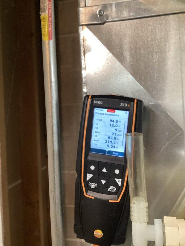 Completed furnace and air handler tune-up maintenance service. Performed combustion analysis using Testo 310 analyzer, recording flue gas temperatures, oxygen levels, and efficiency readings all within normal operating parameters. Inspected condensate drain lines and water supply connections, ensuring proper installation and function of all plumbing components associated with the HVAC system.