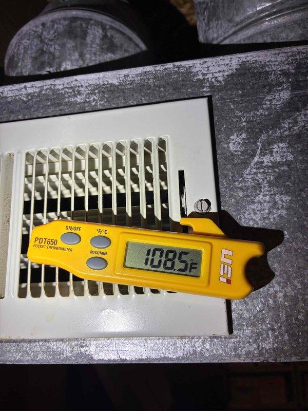 Completed comprehensive tune-up on residential HVAC system, including inspection of gas valve assembly, electrical connections, and verification of proper operation. Supply air temperature measured at 108.5°F at register, confirming adequate heating performance and system functionality within normal operating parameters.