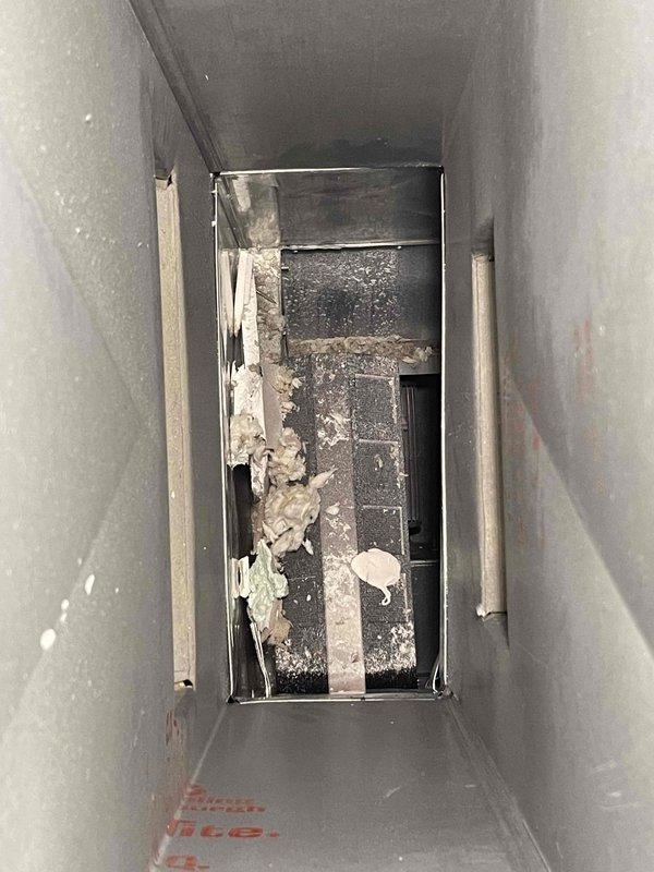 # HVAC Ductwork Installation

Completed comprehensive ductwork installation in an interior space undergoing renovation. Installed horizontal galvanized sheet metal trunk line with proper seaming and joints, along with vertical duct chase for distribution. Addressed heavily contaminated existing filter assembly that was obscured by significant dust and debris accumulation, requiring thorough cleaning and system preparation before integration with new ductwork. All components properly secured and sealed to ensure optimal airflow and system efficiency.