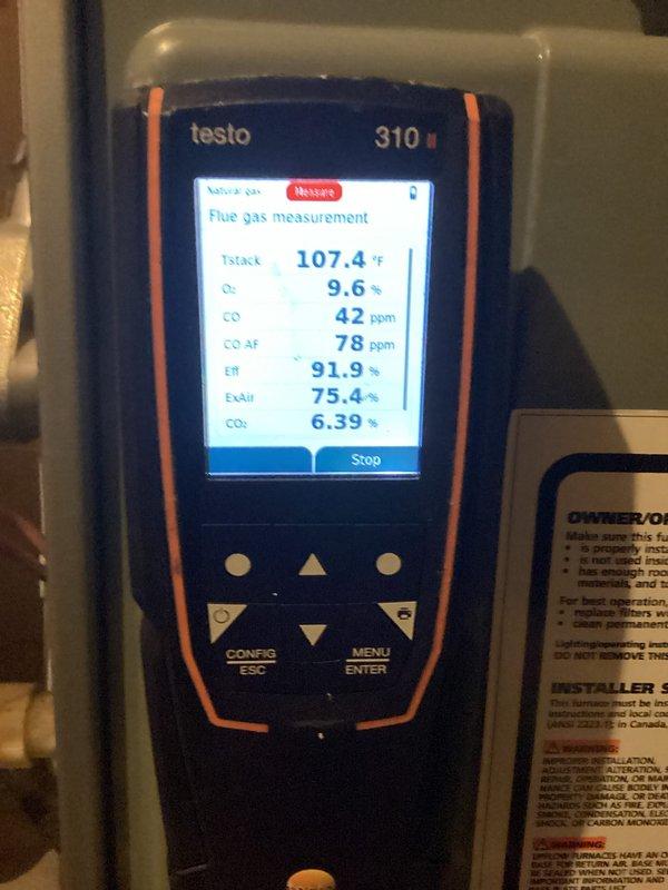 Completed comprehensive furnace tune-up and safety inspection. Performed combustion analysis using flue gas analyzer, confirming system efficiency at 91.9% with oxygen levels at 9.6%, carbon monoxide at 42 ppm, and stack temperature at 107.4°F. Inspected all internal components including gas valve assembly, blower motor, electrical connections, and wiring harnesses, verifying proper operation and safety compliance.