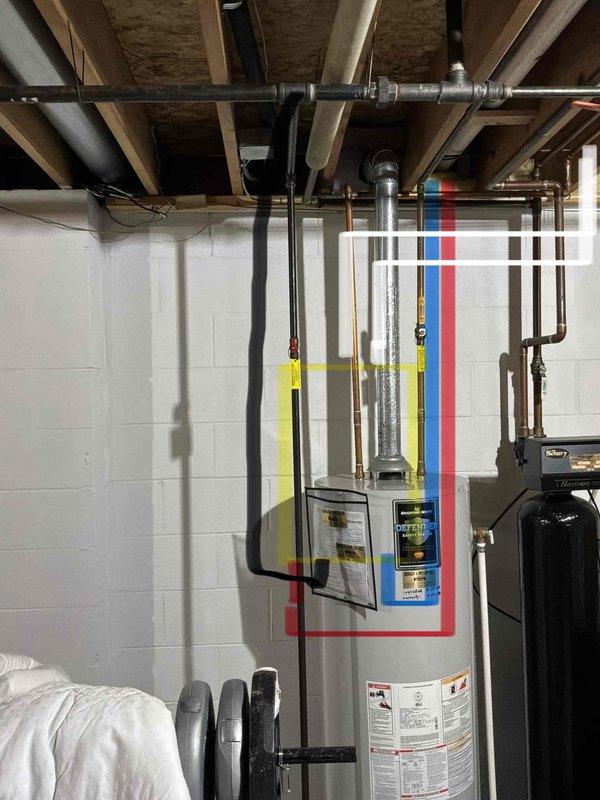 Provided estimate for tankless water heater replacement to upgrade from existing 22-year-old 50-gallon conventional storage tank unit. Assessed current installation including water heater connections, existing copper and galvanized piping, water softener system integration, and venting requirements for potential tankless conversion.