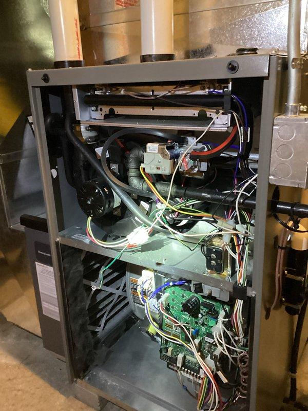 Completed comprehensive furnace tune-up including full system inspection and testing of all operational components. Replaced UV bulb in Patriot UV air purification system and verified proper function of control board, blower assembly, gas valve connections, and electrical wiring throughout the unit.