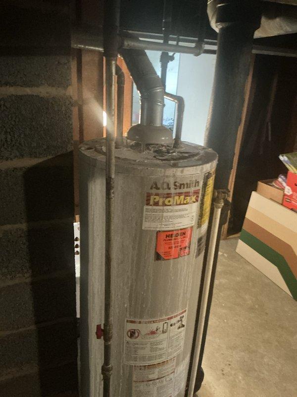 Responded to emergency service call for leaking water heater in residential basement. Upon inspection, found ProMax brand water heater with visible signs of deterioration, water damage, and staining at base indicating active leak. Unit was still operational but compromising safety and efficiency. Documented existing installation including PVC supply connections, metal flue piping, and electrical connections. Assessed surrounding utility area conditions and provided comprehensive estimate for complete water heater replacement including removal of existing unit, installation of new water heater with proper venting, code-compliant piping connections, and disposal of old equipment.