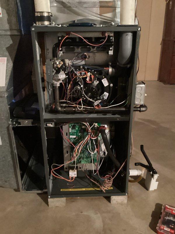 Completed comprehensive furnace tune-up including full system inspection with access panels removed to evaluate internal components, blower motor assembly, electrical connections, control board, and gas valve operation. Replaced Honeywell F100 16x25x4 media filter and performed standard maintenance procedures including testing system controls, verifying proper combustion, and ensuring all safety mechanisms functioning correctly.