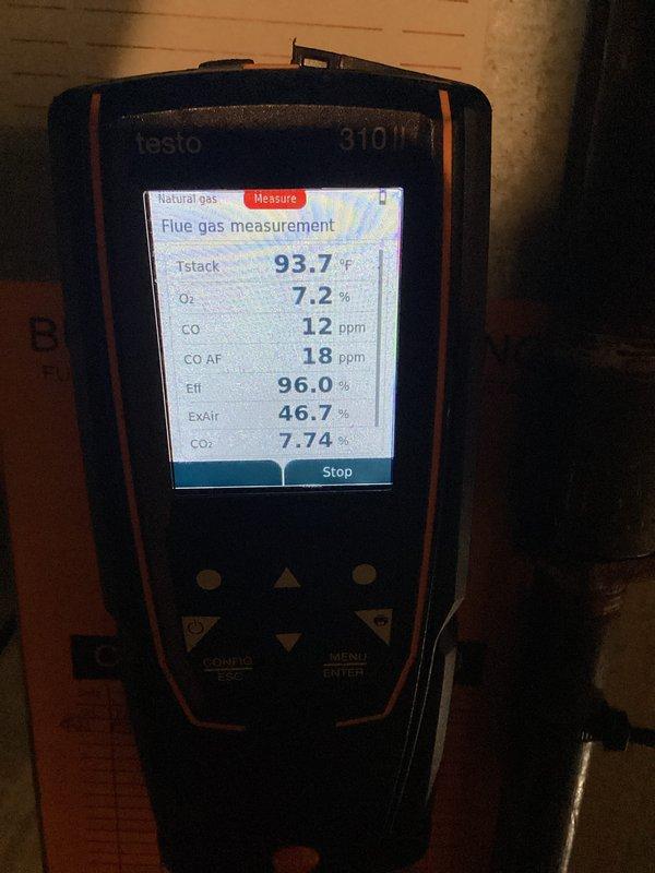 Completed membership heating maintenance visit on residential HVAC system. Performed comprehensive combustion analysis using Testo 310 flue gas analyzer, recording operational parameters including flue temperature of 93.7°F, oxygen level at 7.2%, carbon monoxide at 12 ppm (18 ppm air-free), and combustion efficiency at 96.0%. Inspected internal furnace components including heat exchanger, gas valve assembly, burner section, and all electrical connections. All systems operating within manufacturer specifications with no safety concerns identified.