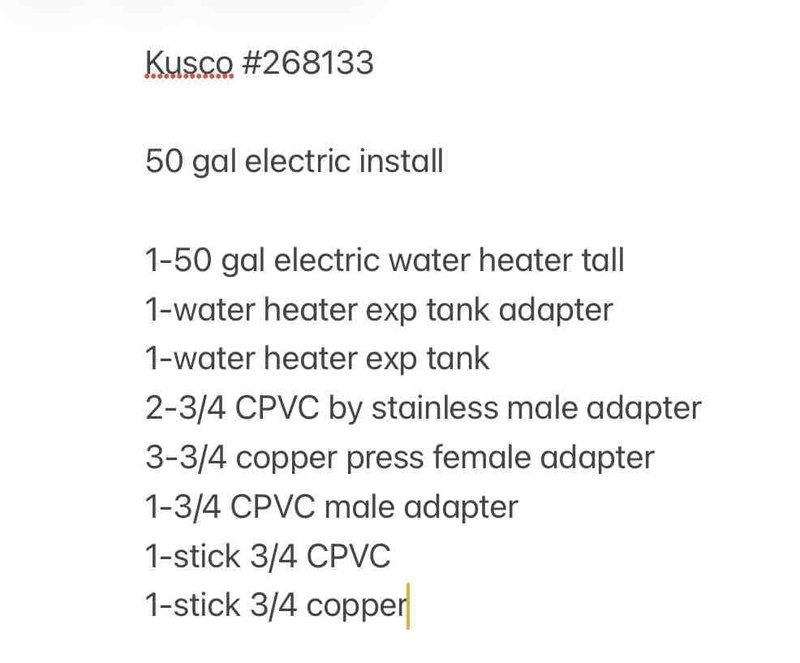 Provided estimate for replacement of leaking Rheem Professional model PROE502-RH9150 50-gallon electric water heater located in basement utility area. Prepared detailed materials list including new 50-gallon electric water heater, expansion tank with adapter, CPVC and copper press fittings, and necessary piping materials for complete installation.