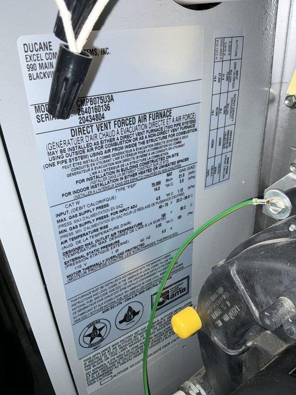 Completed estimate for replacement of aging Ducane Excel natural gas forced air furnace, model GMPB075U3A, located in basement. Unit is currently operational but nearing end of service life. Documented existing equipment specifications and installation conditions with photos for replacement proposal.