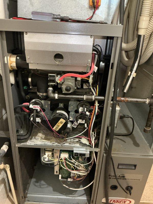 Completed preseason heating maintenance on 16-year-old Lennox furnace system. Performed comprehensive tune-up including inspection of gas valve assembly, burner components, heat exchanger, blower motor, and electrical connections. Verified proper operation of control board, tested system safety controls, and confirmed all mechanical and electrical components functioning within manufacturer specifications.