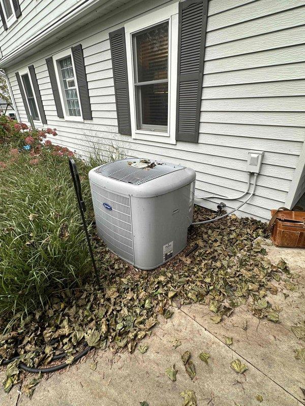 Conducted comprehensive HVAC system evaluation for furnace and air conditioning replacement estimate. Assessed existing gray furnace unit in basement utility area, including ductwork connections and overall system condition, and inspected outdoor Carrier brand AC condenser unit positioned on concrete pad with electrical connections to determine replacement specifications and requirements.