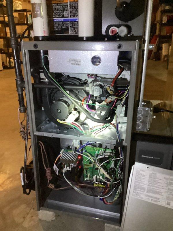 Responded to no heat call on furnace that was cycling to first stage then shutting off. Upon arrival, performed diagnostic inspection of heating system. Removed front panel and accessed internal components including blower assembly, control board, and ignition system. Inspected all electrical connections, gas valve operation, and flame sensor condition. Verified proper operation of inducer motor and confirmed exhaust venting was clear and unobstructed. Tested system through complete heating cycle, confirmed furnace now operating normally through all stages. System restored to full heating operation.