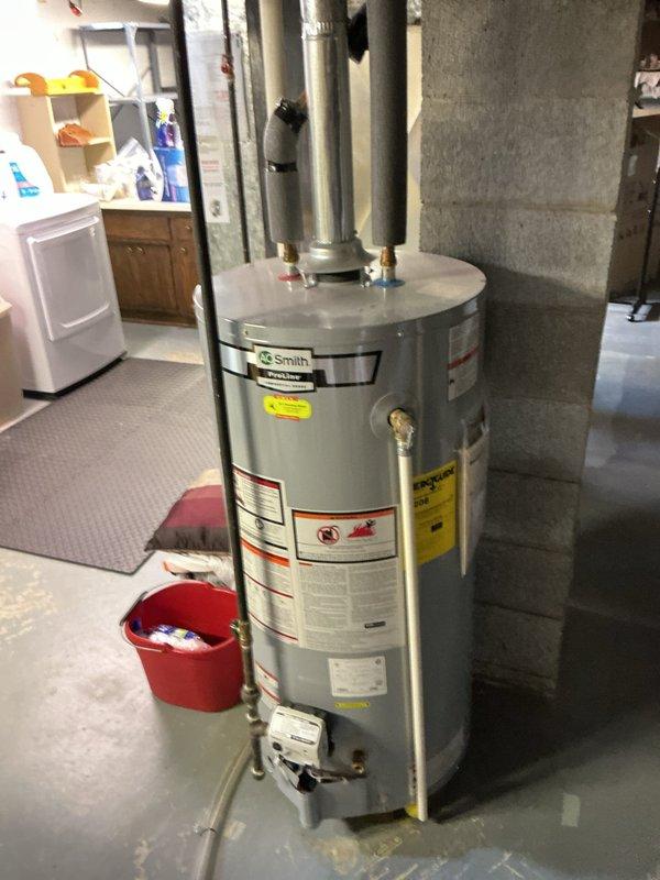 Provided estimate for rerouting water heater venting system from existing chimney configuration to exterior wall termination. Assessed current AO Smith water heater installation and evaluated venting requirements for compliance with manufacturer specifications and local codes. Recommended exterior wall venting solution to improve draft efficiency and eliminate chimney dependency.