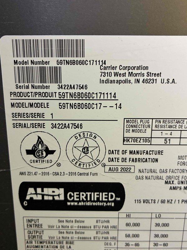 Completed preventive maintenance tune-up on Carrier 69TN6B060C171114 gas furnace, serial number 3422A47546, manufactured August 2022. Performed standard inspection of all furnace components, verified proper operation of heating system, and documented equipment specifications including 60,000 BTU input capacity. Unit operating within manufacturer specifications with no deficiencies noted at time of service.