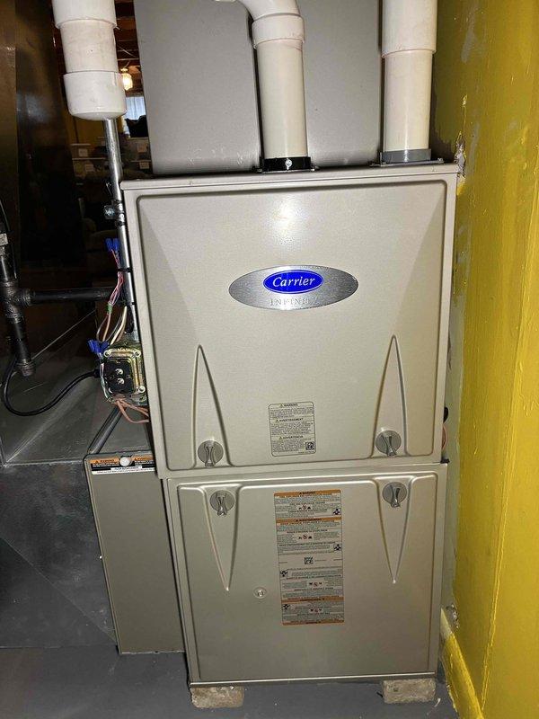 Completed preventive maintenance tune-up on Carrier 69TN6B060C171114 gas furnace, serial number 3422A47546, manufactured August 2022. Performed standard inspection of all furnace components, verified proper operation of heating system, and documented equipment specifications including 60,000 BTU input capacity. Unit operating within manufacturer specifications with no deficiencies noted at time of service.