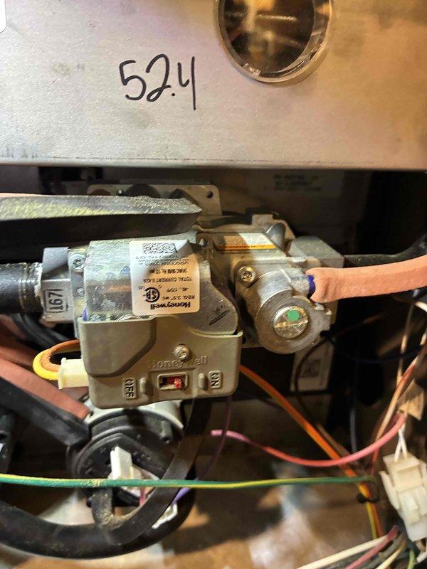 Completed furnace tune-up maintenance service. Inspected and serviced Honeywell gas valve assembly, verified all electrical connections and gas line fittings, and checked system operation. Replaced furnace filter with customer-supplied media and confirmed proper airflow through the system.