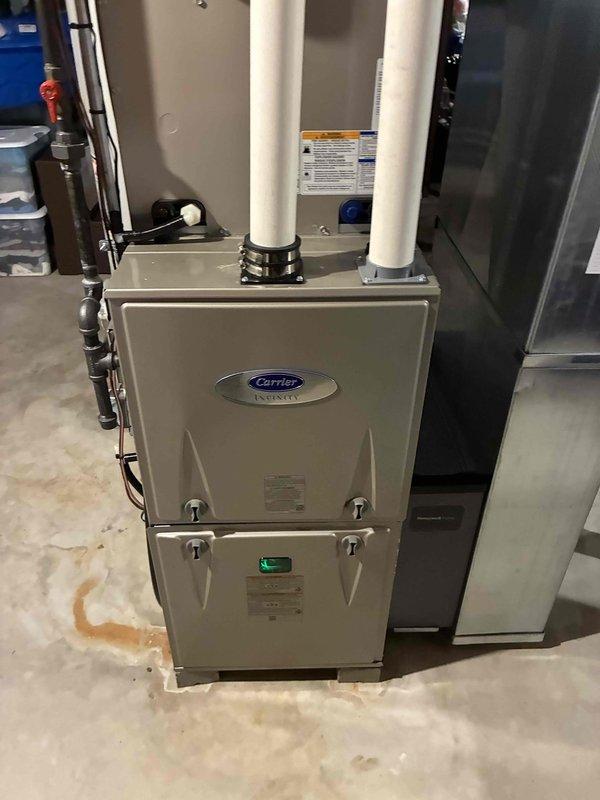 Performed annual maintenance tune-up on Carrier Infinity gas furnace, including inspection of the cabinet, PVC intake/exhaust piping, gas supply line and shutoff valve, and control components. Removed corrosion and oxide buildup from the flame sensor using an abrasive pad to restore reliable flame signal detection and ensure proper burner operation. Unit powered on with status indicator light normal.