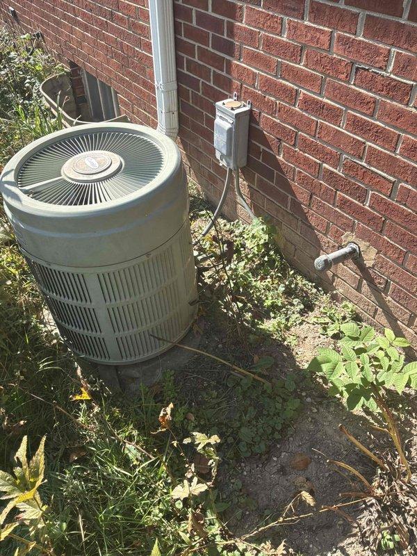 Performed an on-site evaluation for a full system replacement of an aging natural gas furnace located in the basement and a non-operational outdoor air conditioning condenser that has been inoperative for over a year. Inspected the existing furnace, plenum, and ductwork configuration, and documented the condenser, electrical disconnect, and surrounding site conditions, noting heavy vegetation growth around the unit and cracking in the basement block wall. Provided a replacement estimate for a new furnace and AC system.