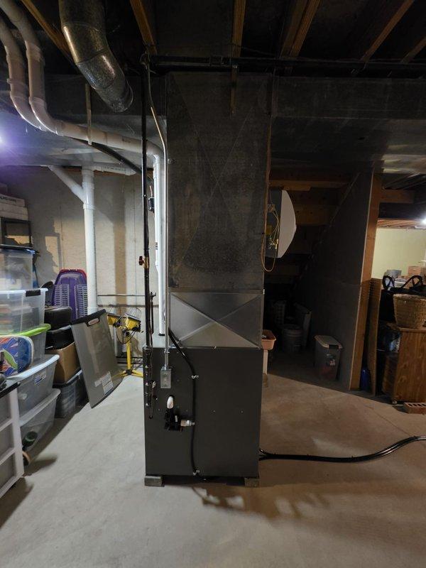 Installed a new upflow gas furnace with a new F100 cabinet and connected it to the existing supply plenum and ductwork. Adapted the combustion air/vent piping to the existing PVC, reconnected the gas line, and installed a new S40 thermostat. Electrical connections were completed by a licensed electrician under permit, and the system was started up and verified for proper operation.