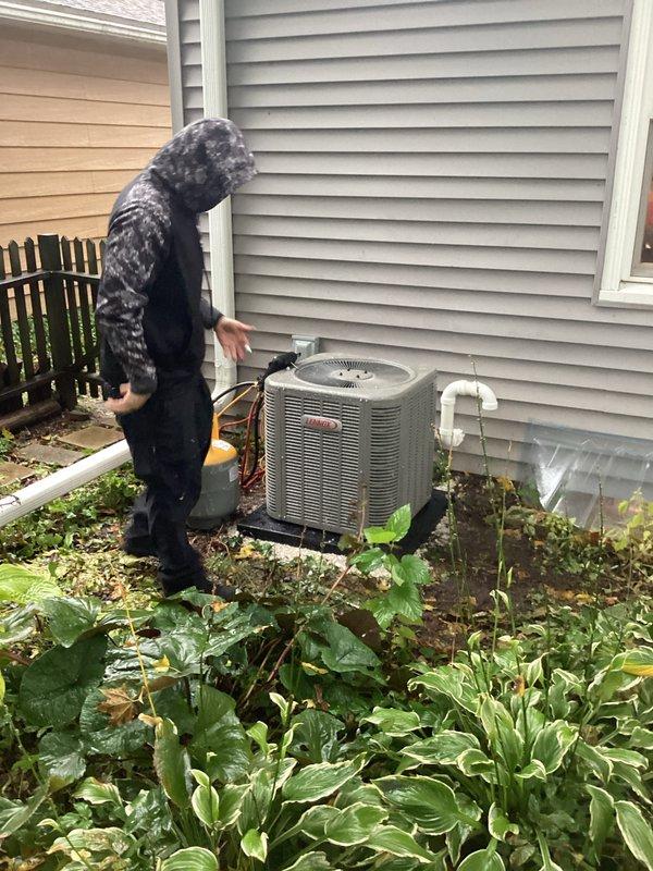 Installed a complete HVAC system conversion from oil to gas, including a new furnace, Lennox condenser, PVC venting and condensate drain piping, and filter cabinet. The outdoor condenser was set on a level pad and connected to the refrigerant lines, with the system charged using refrigerant. Permitted work was completed with licensed electrical connections and a disconnect installed at the unit, and the gas service is pending utility activation.