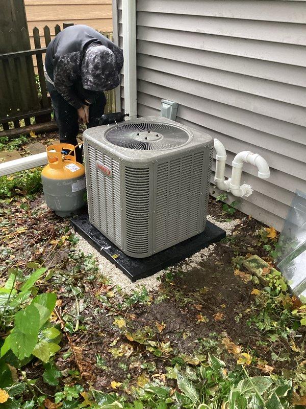 Installed a complete HVAC system conversion from oil to gas, including a new furnace, Lennox condenser, PVC venting and condensate drain piping, and filter cabinet. The outdoor condenser was set on a level pad and connected to the refrigerant lines, with the system charged using refrigerant. Permitted work was completed with licensed electrical connections and a disconnect installed at the unit, and the gas service is pending utility activation.