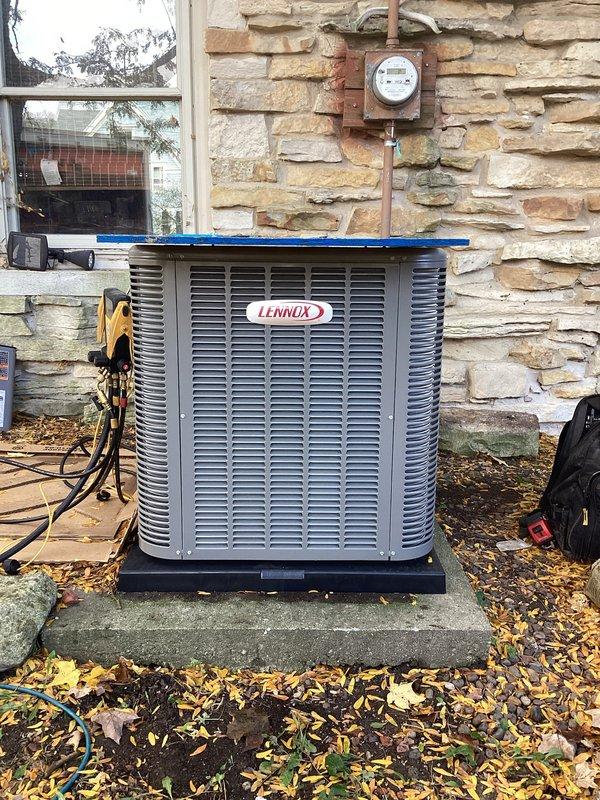 Installed a complete new HVAC system, including a new furnace, Lennox condenser on a pad, and F100 filter cabinet, and replaced the thermostat. Adapted the new equipment to the existing PVC condensate piping, flushed the line set, and completed the electrical work under permit. Verified system operation with a manifold gauge set and measured static pressure with a digital manometer to confirm proper airflow performance.