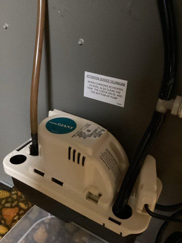 Responded to a service call for a leaking condensate pump on a gas-fired Lennox furnace with an attached Space-Gard air cleaner. Inspected the Little Giant condensate pump and associated discharge tubing and hose connections, identified the pump as the source of the leak, and quoted replacement of the unit. The furnace, PVC venting, and ductwork were inspected and found intact, with no visible rust, frost, or damage.