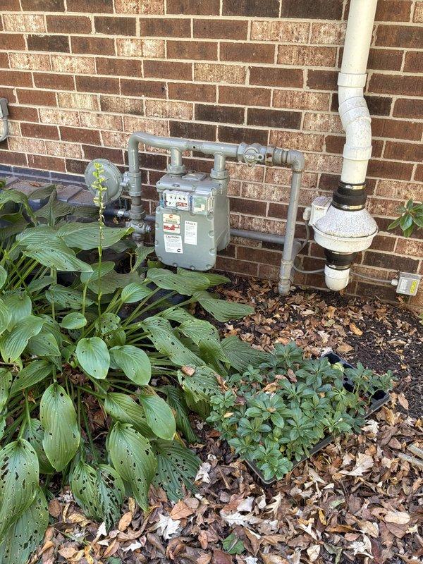 Performed an on-site estimate for a new natural gas line extension from the existing exterior meter to a pool heater. Inspected the meter and existing 1" gray galvanized piping along the brick wall, identified a 1-1/4" tee as the tie-in point, and documented a proposed pipe route across the landscaped bed with annotated photos. No corrosion or damage was observed at the meter or existing piping.