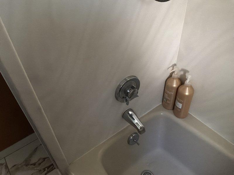 Performed an on-site estimate for installation of a new shower fixture and evaluation of the existing shower faucet and cold water supply valve on a single tub/shower unit. Inspected the chrome single-handle valve, tub spout, and diverter, with no visible rust, buildup, or damage, and reviewed the basement supply and drain piping, noting mixed copper and galvanized/iron piping with brass fittings, a PVC drain with cleanout, and heavily stained, deteriorated floor joists and subflooring from prior water exposure. Reviewed repair and replacement options on site; same-day repair was not guaranteed pending technician assessment.