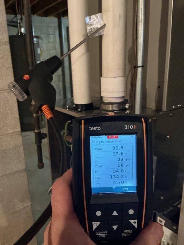 Replaced the failed heat exchanger on the natural gas furnace and restored the unit to proper operation. Post-installation combustion analysis was performed at the flue, confirming safe and efficient performance with a stack temperature of 92.5°F, 94.8% efficiency, CO2 at 4.70%, and CO at 23 ppm, along with an ambient CO check of 0 ppm in the living space.