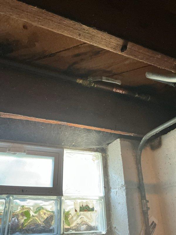 Diagnosed black particulate and rust-colored discoloration at the kitchen faucet cold supply, with photo documentation of heavy staining in the sink basin and inspection of the basement supply piping and shutoff valve. Evidence is consistent with corroded supply piping or deteriorating internal components releasing debris into the water line, and the exterior hose bib was also evaluated for the reported minor leak.