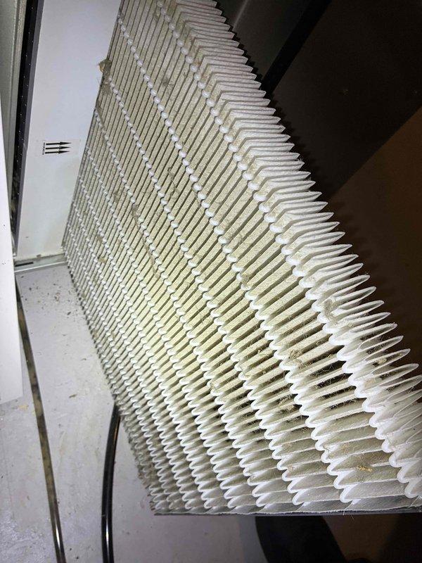 Performed the annual furnace tune-up and inspected the air handler cabinet, gas valve assembly, wiring harness connections, and flame sensor, with no signs of rust, frost, or cracking noted. Removed the dirty, debris-laden pleated air filter and replaced it with a new Secure Aire filter to restore proper airflow.