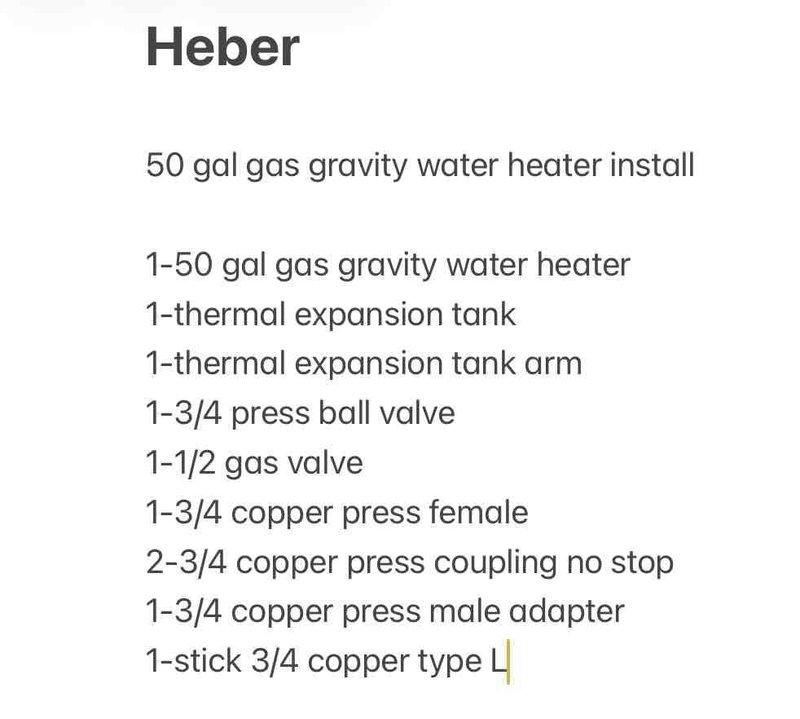Assessed the existing 40-gallon gas water heater, which has a leaking shut-off valve at the top of the tank, and prepared an estimate for replacement with a 50-gallon gas atmospheric (gravity-vent) unit. The scope includes a new thermal expansion tank with arm, a 3/4" press ball valve, a 1/2" gas valve, and 3/4" Type L copper press fittings and piping, with the existing vent connection and pipe insulation to be reviewed and reinstalled during the changeout.