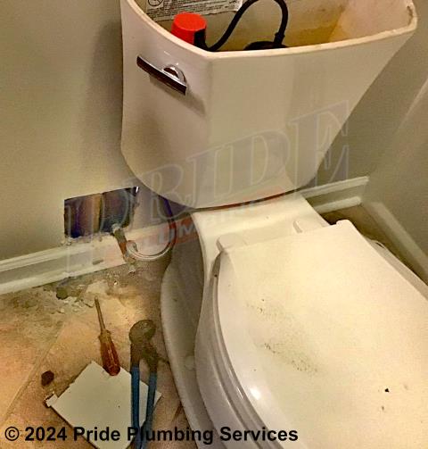 Pride Plumbing was called out due to the customer hearing water running near a toilet. Our inspection found that the toilet tank's copper water supply line behind the wall and coming up through the floor was leaking. After cutting an access to the pipe, we replaced it with new PEX piping and fittings; connecting it to the CPVC main water supply line underneath the home. We also provided a cost estimate to repipe and replace the copper and CPVC water supply lines under the house in the crawlspace, going to the fixtures in the kitchen, washing machine, and one bathroom, with new PEX piping and fittings.