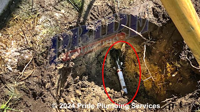 Pride Plumbing was called out for a water leak in the yard. We dug down and found a leak on a section of the black roll outside main water supply line. We cut out the faulty section of pipe and repaired it with new PEX piping and fittings.