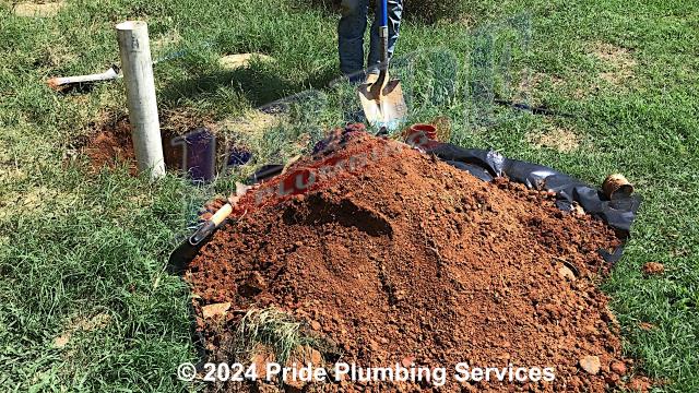 Pride Plumbing came out and performed the following work: 1) in the yard, dug down to the home's outside main sewer septic drain line; 2) cut out and removed a one-way PVC cleanout; 3) used a water pressure device and cleared a blockage in the drain line; 3) installed a new two-way PVC cleanout with a cap (connecting it to the outside main sewer septic drain line with new Fernco couplings); and 4) backfilled the hole we dug.