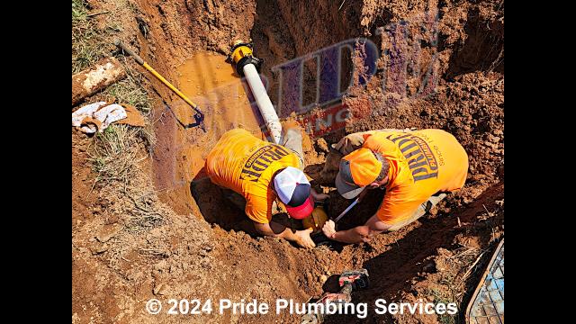 Pride Plumbing was called out for water leaks in the yard. We dug down and found leaks on two sections of the PVC outside main sewer septic drain line. We cut out the faulty sections of pipe and repaired them with new PVC pressure piping, clamps, and fittings.