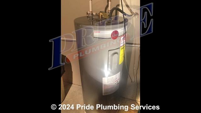 Pride Plumbing came out and replaced a leaking 40-gallon electric A.O. Smith water heater with a new 40-gallon electric Rheem PROE40-M2-RH95 model. First, after disconnecting its electrical connections and inlet and outlet water lines, we removed and disposed of the old water heater. Then we installed a rubber water heater pad, the new water heater, ball water shut-off valves, PEX and stainless steel water supply lines to the water heater connectors, a brass drain valve, and wired up the electrical connections to the new water heater. Finally, we ensured that the unit’s temperature and pressure (T&P) relief valve was properly vented and set the unit to its appropriate operating temperature.