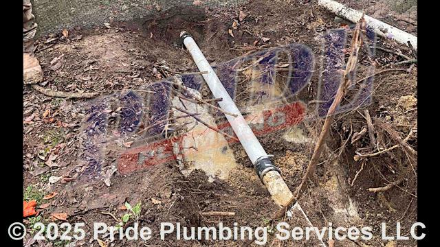 Pride Plumbing came out and performed the following work: 1) dug down in the yard to expose a defective section of the outside main sewer septic drain line that was broken and leaking and had a root penetration; 2) replaced that section of sewer line with new 4-inch PVC piping and fittings and installed a new PVC outside clean out; 3) tested the new piping for leaks and working order; and 4) backfilled, tamped, and spread grass seed and straw after the work was completed.