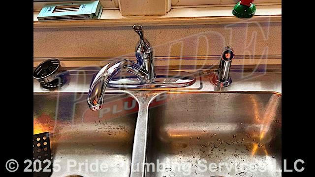 Pride Plumbing came out and performed the following work: 1) removed an existing bathtub/shower and installed a new 4-piece walk-in unit along with installing a new Delta shower valve with trim (shower head, faucet valve handle and cover, drain cover, and ADA grab bars), PVC drain, PEX hot and cold water supply lines with shut-offs, and a plastic plumbing access panel along with connecting the new drain and water supply lines to the existing drain and water connections underneath the home; 2) pulled a toilet, cleaned and inspected its flange, replaced its wax ring gasket, reset the toilet, and replaced its toilet bowl caps and bolts; and 3) replaced a centerset kitchen sink faucet and sprayer (this included removing the old faucet and sprayer, mounting the new faucet, replacing its hot and cold above-floor water supply lines underneath the sink with new braided stainless steel ones along with replacing the hot and cold water stops, and installing the sprayer).