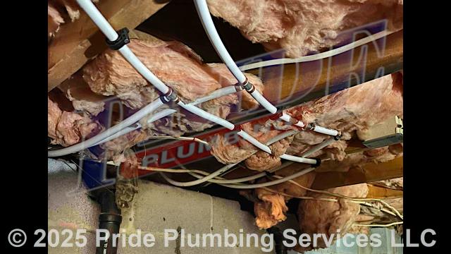Pride Plumbing came out and repiped and replaced the copper water supply lines under the house in the crawlspace, going to the fixtures in the kitchen (sink faucet, dishwasher, and ice maker), two bathrooms (sinks, toilets, and bathtubs/showers), the washing machine (installing a new washer box and hot and cold boiler drains), and the water heater, with new PEX piping and fittings (installing new 1/4 turn water shut-off valves on each fixture inside the house along with new above-floor stainless steel water supply lines) and replaced two outside hose bib spigots with new Woodford frost-free models.